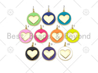 Gold Heart On Colorful Enamel Round Coin Shape Pendant, 18K Gold Filled Heart Charm,Enamel Pendant,Enamel Jewelry,17x19mm,Sku#F1411