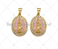 Mary Pink Mother-of-pearl Inlay Oval Pendant, Cubic Zirconia Pendant, Gold Pink Tone, Reglious charm, 15x22mm, Sku#LK71