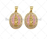 Mary Pink Mother-of-pearl Inlay Oval Pendant, Cubic Zirconia Pendant, Gold Pink Tone, Reglious charm, 15x22mm, Sku#LK71