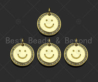 Gold Filled CZ Micro Pave Smiley Face On Round Coin Shape Pendant,18K Gold Filled Smiley Face Charm, Necklace Bracelet Charm,13mm,Sku#LK324