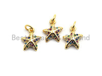 CZ Colorful Micro Pave Starfish Pendant, Starfish Shaped Pave Pendant, Gold plated, 10x12mm, Sku#F824