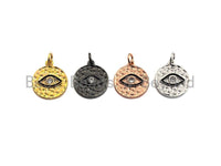 CZ Micro Pave Evil Eye Coin Charm/Pendant,Amulet Evil Eye Charm, Black, Gold Rose, Gold, Silver Finish, 15x17mm,sku#Z423