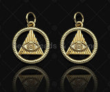 CZ Micro Pave Evil Eye On Triangle With Round Ring Shape Pendant, Gold Plated, Necklace Bracelet Charm Pendant, 18x20mm,sku#F1240