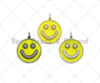 Large Pave Enamel Yellow Smiley Face 38mm Pendant, Cubic Zirconia Pave Pendant, Happy face charm, Yellow Smiley Face, Sku#ML40