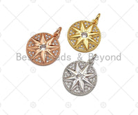 CZ Micro Pave North Star On Round Coin Pendant Charm, Bracelet Necklace CZ Star Pendant Charm, Silver/Gold /Rose Gold Tone,15x18mm,Sku#Y385