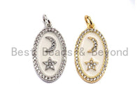 CZ Pave Enamel Oval With Star And Moon Pendant, Gold/Silver, CZ Micro Pave Oil Drop Oval pendant,Enamel Jewelry,12x23mm,sku#Z401