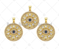 Big CZ Micro Pave Evil Eye On Round Coin Shape Pendant/Charm,Cubic Zirconia Medallion Charm, Necklace Bracelet Charm, 26x23mm, Sku#F1360