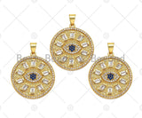 Big CZ Micro Pave Evil Eye On Round Coin Shape Pendant/Charm,Cubic Zirconia Medallion Charm, Necklace Bracelet Charm, 26x23mm, Sku#F1360