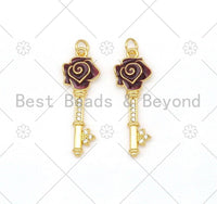 Dark Red Enamel Rose Flower On Key Shape Pendant,18K Gold Filled Enamel Charm,Enamel Jewelry,9x27mm,Sku#Y480