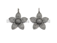 CZ Micro Pave Sakura Flower Pendant, Antique Silver Tone, Clear Cubic Zirconia Big Pave Flower Charm Pendant, 40x41mm,sku#F999