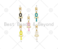 Colorful Enamel Cross Shape Pendant,18K Gold Filled Key of Life CZ Charm, Bracelet Necklace Ankh Charm,8x28mm,Sku#L629