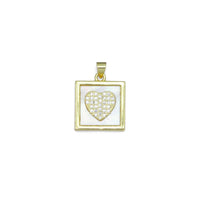 Gold Clear CZ Heart On Square Mother of Pearl Charm Pendant, Sku#LK990