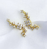 Gold Ear Climber Earring in Clear Crystal, Flower Blossom Earrings, Sku#B223