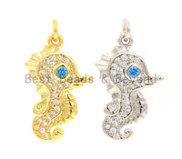 CZ Micro Pave Cute Sea Horse Charm with Blue Opal Eye, Cubic Zirconia Sea Creature Charm/Pendant, Gold/Silver, 12x19mm, SKU#Y150