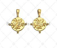 18K Dainty Gold Embossment Pegasus On Round Coin Shape Pendant/Charm, Medallion Charm, Necklace Bracelet Charm Pendant,19x26mm, Sku#Z1284