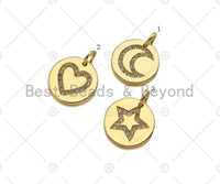 CZ Micro Pave Heart Star Moon On Round Coin Shape Pendant,CZ Dainty Gold Medallion Charm, Necklace Bracelet Charm Pendant,12x12mm, Sku#F1382