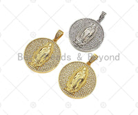 CZ Micro Pave Virgin Mary On Round Coin Shape Pendant,18K Gold Filled/Silver Medallion Charm, Necklace Bracelet Pendant,26x29mm,Sku#F1406