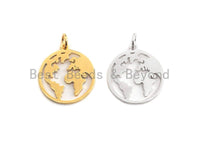 World Map Disc Pendant, Hollow Out Brass Pendant, Silver/Gold Global earth round pendant, 18x20mm, Sku#Z414