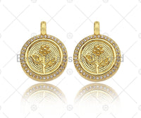 CZ Micro Pave Rose Flower On Coin Shape Pendant/Charm,18K Dianty Gold Medallion Charm, Necklace Bracelet Charm Pendant,15x19mm, Sku#LK251