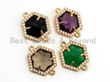 Hexagon Bezel Connector with Faceted Glass, Gold Plated CZ Micro Pave Frame Connector, Black/Green/Purple/Smoke, 14x18mm, sku#A78