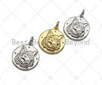 CZ Micro Pave Embossment Wolf Head On Round Coin Pendant/Charm, Sku#L409