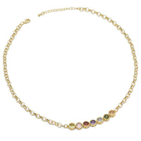 Rolo Link Round Colorful CZ Gold Chain Necklace, Sku#EF357