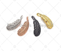 Cute CZ Micro Pave Feather Shape Pendant/Charm, Feather Leaf Cubic Zirconia Pendant, Silver/Gold/Rose Gold/Black Tone, 7x19mm, Sku#Y264