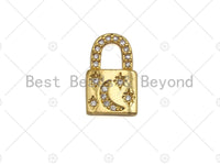 18K Dainty Gold Padlock with CZ Micro Pave Moon and Star, Padlock Charm, Lock Charm, 8x13mm, Sku#LK29