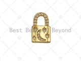 18K Dainty Gold Padlock with CZ Micro Pave Moon and Star, Padlock Charm, Lock Charm, 8x13mm, Sku#LK29