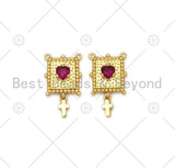 Fuchsia Heart CZ Micro Pave with Cross On Rectangle Shape Pendant, 18K Gold Filled Charm, Necklace Bracelet Charm Pendant,11x14mm,Sku#LK402