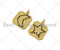 Gold Filled Black CZ Micro Pave Moon Star On Mosaic Square Shape Pendant,18K Gold Filled Charm, Necklace Bracelet Charm,17x20mm,Sku#LK337