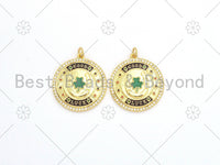 CZ Micro Pave Green Enamel Leaf  On Round Medallion Shape Pendant,18K Gold Filled Good Luck Charm, Necklace Bracelet Charm,25x28mm,Sku#LK380