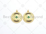 CZ Micro Pave Green Enamel Leaf  On Round Medallion Shape Pendant,18K Gold Filled Good Luck Charm, Necklace Bracelet Charm,25x28mm,Sku#LK380