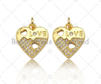 CZ Micro Pave Love Word with Hollow Out Heart On Heart Pendant,18K Gold Charm, Necklace Bracelet Charm Pendant,14x16mm,Sku#LK307