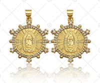 18K Gold Virgin Mary On Round Coin Emblem Shape Pendant, Rou