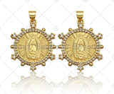 18K Gold Virgin Mary On Round Coin Emblem Shape Pendant, Rou