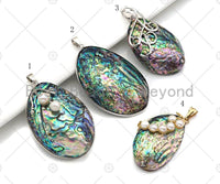 Large Natual Abalone Shell Pendant, Focal Puffy Abalone Pendant Silver Gold Finish with Pearl, Focal Abalone Charm, sku#R39