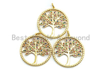 CZ Colorful Micro Pave Round  Gold Tree Pendant, Tree Shaped Pave Pendant, Gold plated, 28x30mm, sku#F819