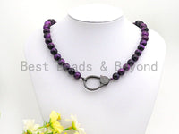 Purple Tiger Eye Attachment Necklace with Large CZ Pave Gunmetal clasp, 16/18 long, sku#D38