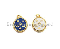 CZ Pave White Cobalt Enamel Star Moon on Round Pendant,Ename