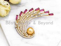CZ Micro Pave Peacock Brooch Pin with 10mm Round Shell Pearl, Pave Peacock Brooch Jewelry, Gold Fuchsia CZ Pave Pin,  41x59mm, Sku#P27