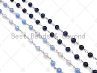 Mystic Blue Agate Faceted Tiger Eye Rosary Chain, 6mm Beaded Chain, Wire Wrapped Silver Plated Chain,Sku#V92