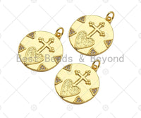 Gold Filled CZ Micro Pave Cross Heart On Round Cion Shape Pendant,18K Gold Filled Medallion Charm, Necklace Bracelet Charm,20x22mm,Sku#Z1334