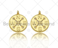 Gold Filled CZ Micro Pave Compass On Round Coin Shape Pendant, 18k Gold Filled Medallion Charm, Necklace Bracelet Pendant,25x27mm,Sku#Z1359