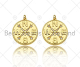 Gold Filled CZ Micro Pave Compass On Round Coin Shape Pendant, 18k Gold Filled Medallion Charm, Necklace Bracelet Pendant,25x27mm,Sku#Z1359