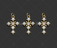 Gold Filled CZ Micro Pave Pearl On Cross Shape Pendant, 18k Gold Filled Mother of Pearl Charm, Necklace Bracelet Pendant, 23x15mm,Sku#LD103