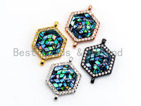 CZ Micro Pave Abalone Hexagon Shape Connector, Cubic Zirconia Space Connector, Abalone Shell CZ Charm,  14x20mm, 1pc/2pcs,SKU#E352