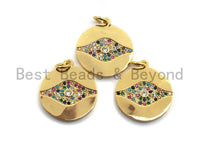 CZ Colorful Micro Pave Round Gold With Evil Eye Pendant, Coin Shaped Pave Pendant, Gold plated,18x20mm, Sku#F868