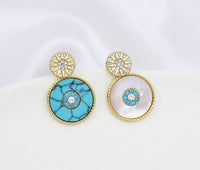 CZ Pearl Gold Round Coin Stud Earrings, Sku#O107