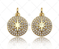 18k Dainty Gold North Star On Round Coin Charms, Dainty Gold Star Pendant, Star Necklace Charms, 11x13mm, Sku#Z1252